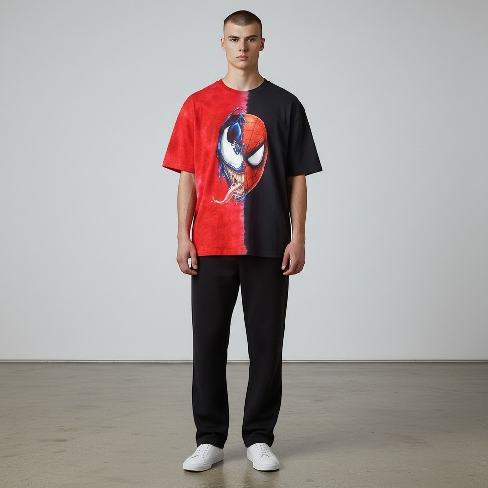 Spidey vs. Venom Universal Studios Marvel Tie-Dye Split Face Tee 90s Nostalgia L